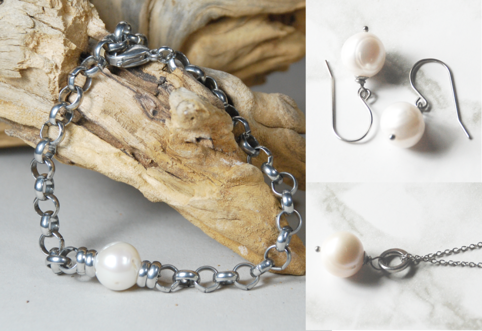 Atenea handmade natural 12mm Freshwatersingle pearl bracelet on bulky stainless steel rolo chain