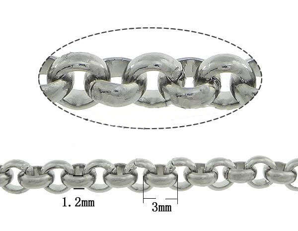 Stainless Steel Cable Link Chain, rolo chain, 3x3x1.2mm, sold per meter