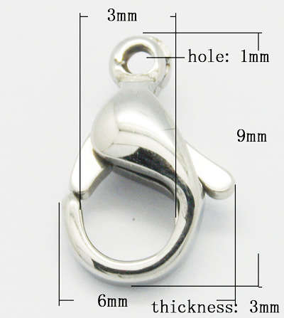 Stainless Steel Lobster Claw Clasps, 304 stainless steel, 9x6mm