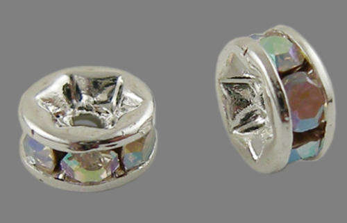 Rhinestone spacer bead, rondelle, AB clear crystal, silver colour, 4mm