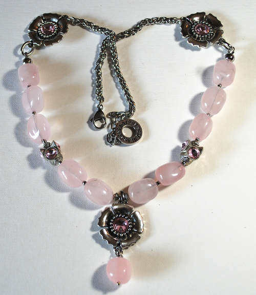 Rose Quartz nugget necklace with light rose crystal flowers