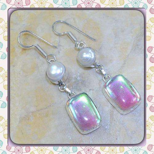 ***DONT MISS THIS INCREDIBLY BEAUTIFUL*** PINK RAINBOW TOPAZ, RIVER PEARL .925 SILVER EARRINGS