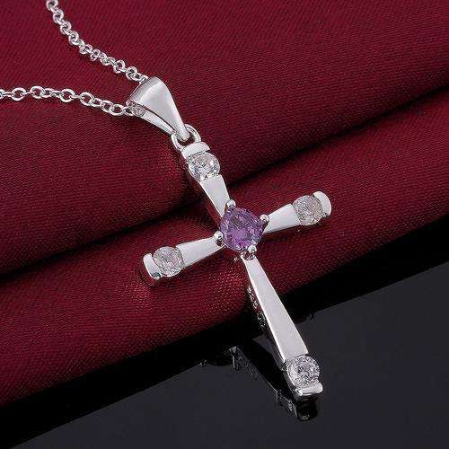New 925 Sterling silver filled Ladies cross pendant with Purple center and Genuine Austrian Crystals