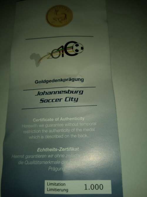 WORLD FOOTBALL CUP 2010, PROOF GOLD COIN, JOHANNESBURG SOCCER CITY