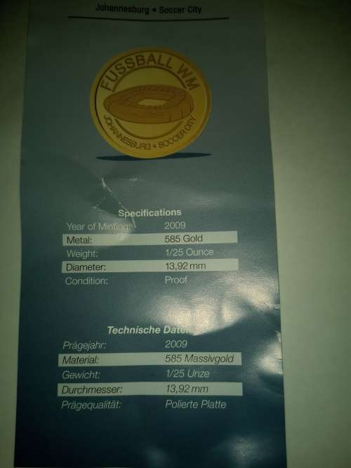 WORLD FOOTBALL CUP 2010, PROOF GOLD COIN, JOHANNESBURG SOCCER CITY