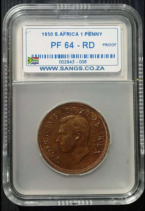 *** 1950 - SA UNION PROOF PENNY - SANGS GRADED PF64 RD - ONLY 500 MINTED ***