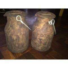 TWO 40CM ANTIQUE RUSTED PLASTIC MILK CANS