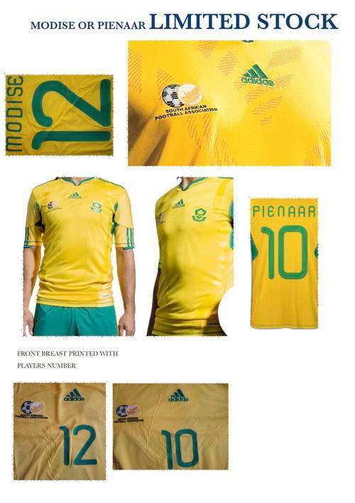 BAFANA BAFANA NEW SOCCER SHIRTS 2010 HOME MODISE AND PEINAAR IN STOCK