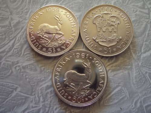 South African 5 Shillings 1959 1960 and 1961 50 Cents.