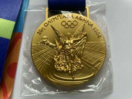 2004 ATHENS Olympic Commemorative Gold Medal Souvenir + Ribbon