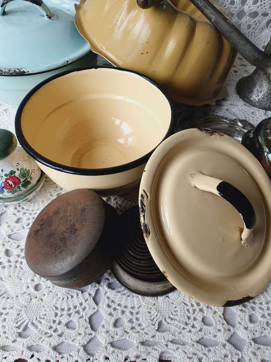 Vintage Kitchen Ware Bundle Mincer, Cookie Cutters, Enamel & Pottery