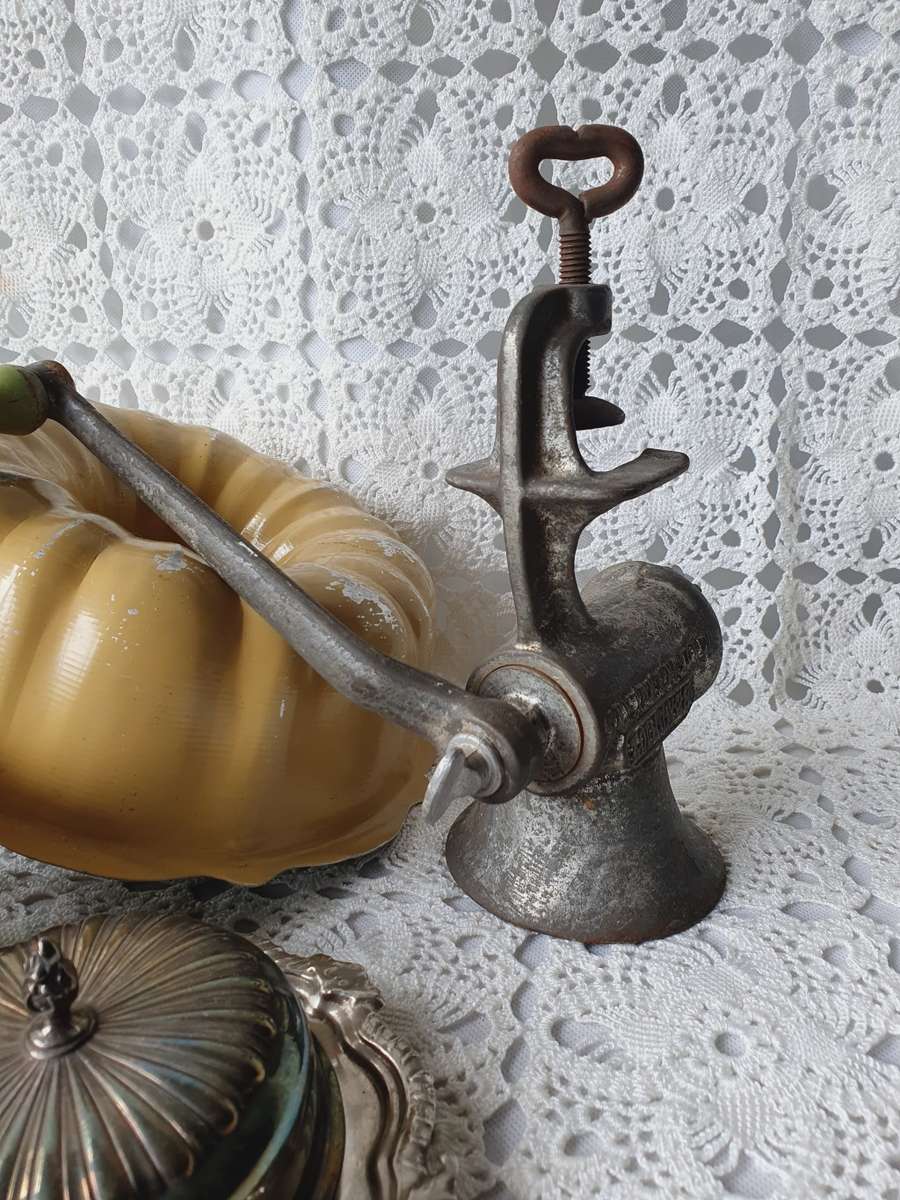 Vintage Kitchen Ware Bundle Mincer, Cookie Cutters, Enamel & Pottery