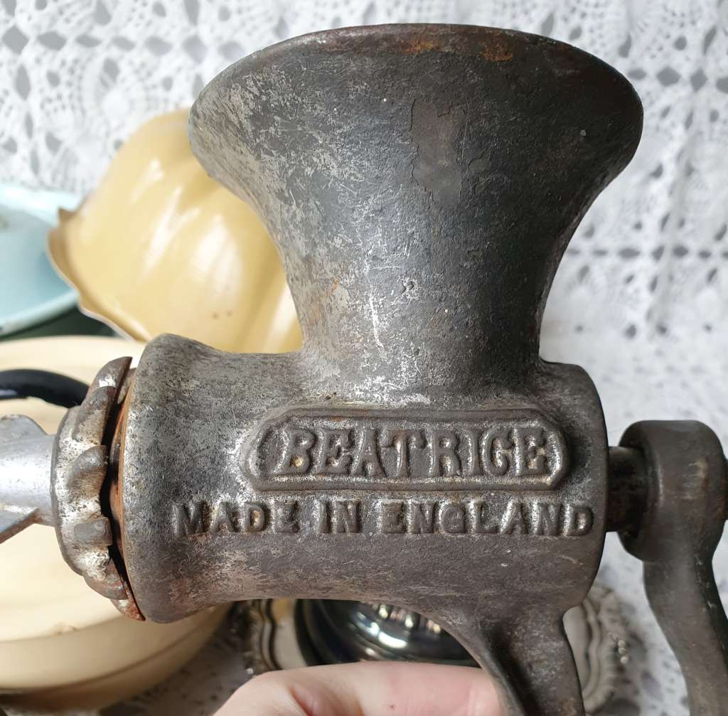 Vintage Kitchen Ware Bundle Mincer, Cookie Cutters, Enamel & Pottery