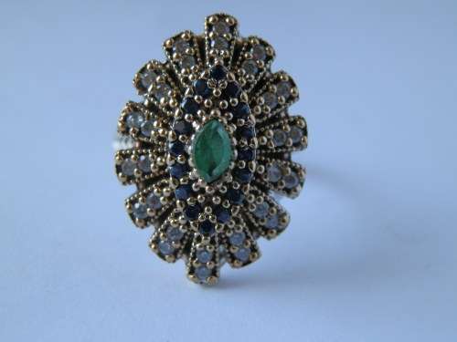 Sterling silver emerald, blue sapphire and white topaz ring - thirty (30) days to pay
