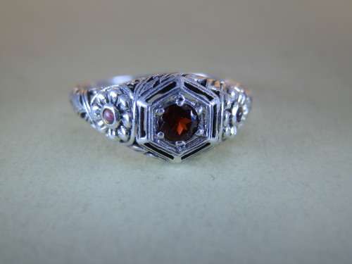 Sterling silver garnet and opal Art Deco filigree style ring - thirty (30) days to pay