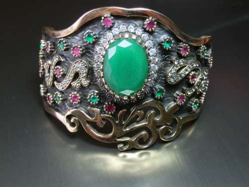 Heavy sterling silver emerald and ruby bangle (58.2g) - seven (7) days to pay