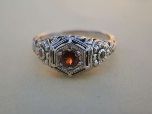 Sterling silver garnet and opal Art Deco filigree style ring - seven (7) days to pay