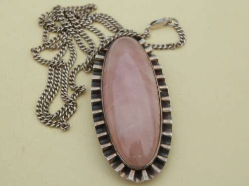 Vintage sterling silver (33g) rose quartz pendant / brooch and chain - thirty (30) days to pay