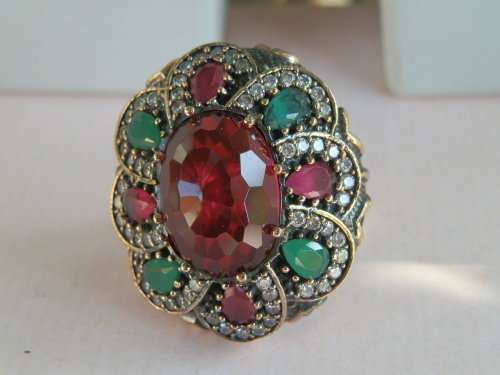 Sterling silver (22.5 g) ruby, emerald and topaz ring