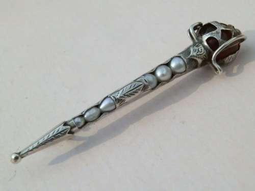 Antique sterling silver pearl and amber brooch / pin