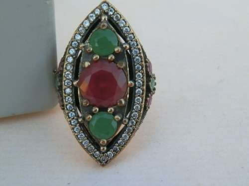 Sterling silver ruby, emerald and topaz ring, 14.1 g.