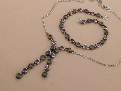 Sterling silver ruby and emerald bracelet and necklace set, 13.5 g.