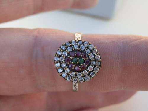Pretty sterling silver ruby, topaz and emerald cluster ring - weight 2.7 g.  Thirty (30) days to pay