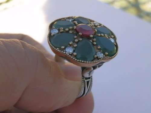 Marvelous sterling silver ruby and emerald ring - weight 9.3 g.  Thirty (30) days to pay