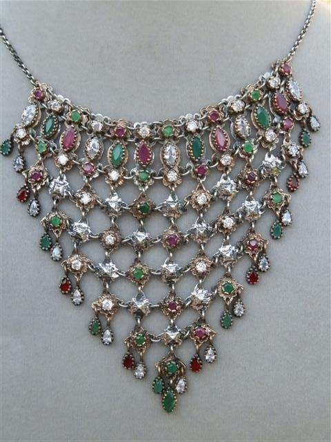 Ravishing sterling silver ruby and emerald necklace - weight 54.29 g