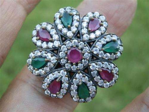 Awesome sterling silver ruby and emerald ring - weight 12.2 g.