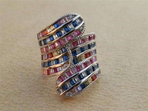 Smashing solid sterling silver ruby, sapphire and topaz ring - weight 12.14 g.