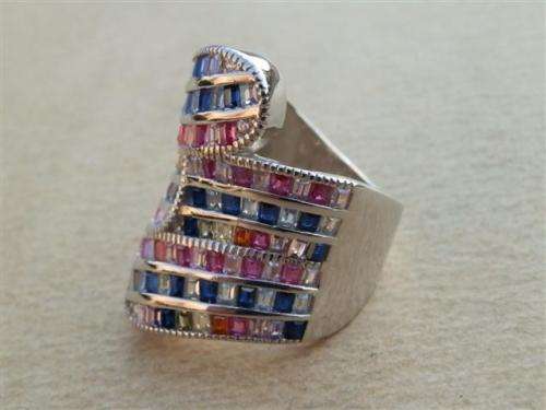 Smashing solid sterling silver ruby, sapphire and topaz ring - weight 12.14 g.