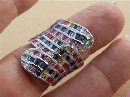 Smashing solid sterling silver ruby, sapphire and topaz ring - weight 12.14 g.