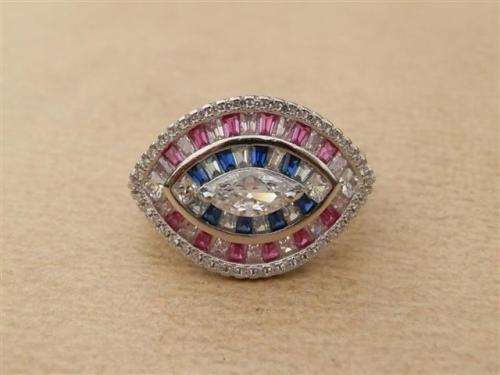 Sparkling solid sterling silver ruby and blue sapphire ring - weight 6.13 g.