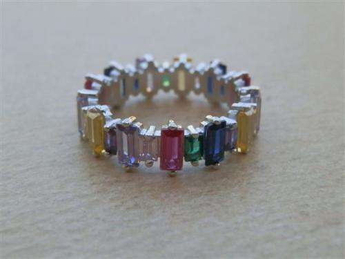 Alluring solid sterling silver ruby, blue sapphire and topaz ring - weight 3.15 g.