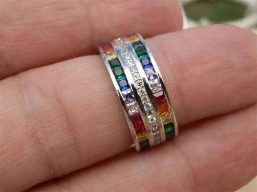 Marvelous solid sterling silver ruby, sapphire, amethyst, emerald and topaz ring - weight 6.77 g.