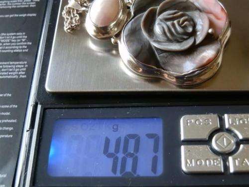 Smashing solid sterling silver mother of pearl pendant and chain - weight 48.7 g.