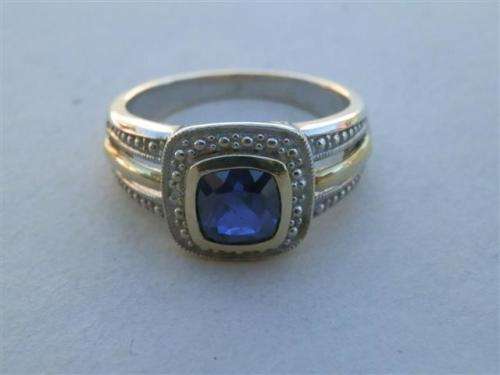 FOR blueblaze ONLY!  Solid 9 ct gold & sterling silver blue sapphire & diamond ring - weight 4.8 g.