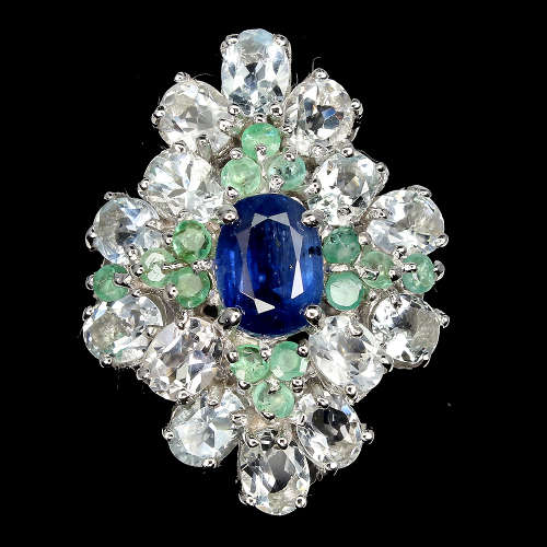 Sparkling 14 ct white gold over solid sterling silver ring Aquamarine, Emerald and Kyanite ring