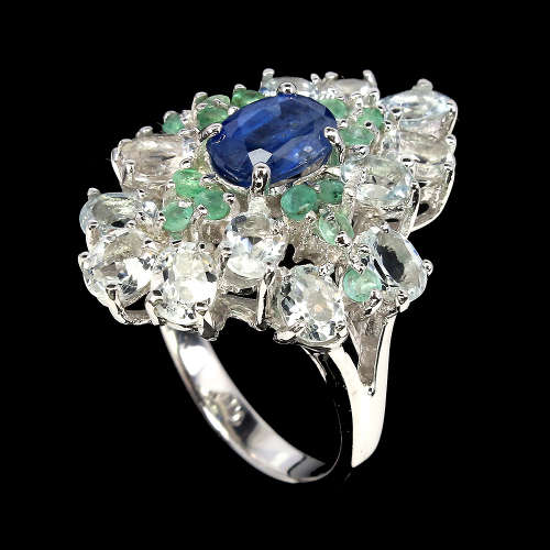 Sparkling 14 ct white gold over solid sterling silver ring Aquamarine, Emerald and Kyanite ring