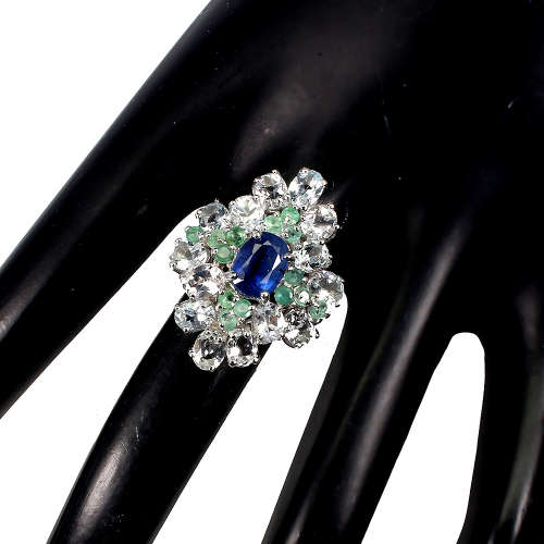 Sparkling 14 ct white gold over solid sterling silver ring Aquamarine, Emerald and Kyanite ring