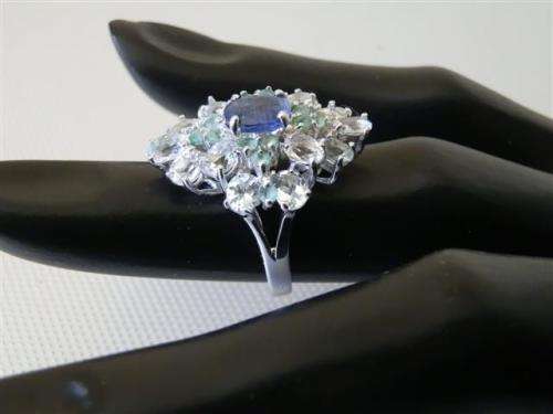 Sparkling 14 ct white gold over solid sterling silver ring Aquamarine, Emerald and Kyanite ring