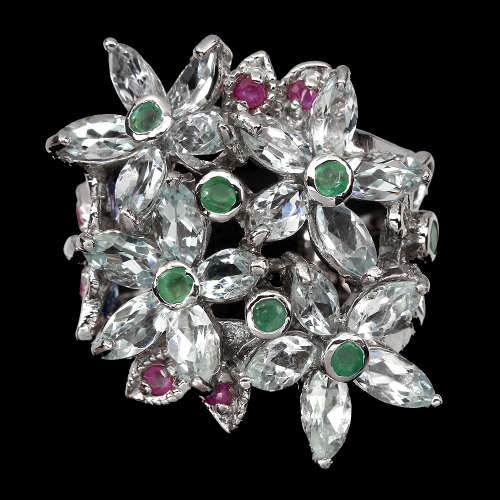 Smashing natural multi-gem ring - 14 ct white gold over solid sterling - weight 10.82 g.