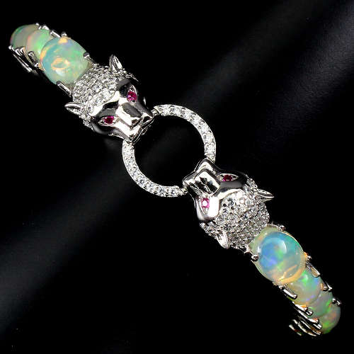 Exquisite natural Ethiopia opal bracelet - 14 ct white gold over solid sterling silver