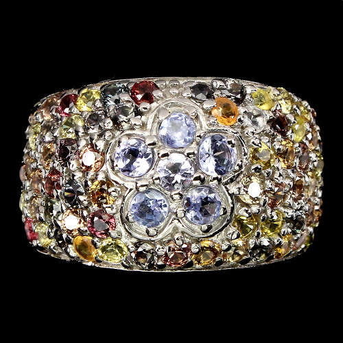 Sparkling natural Tanzanite and sapphire ring, 14 ct white gold over solid sterling silver