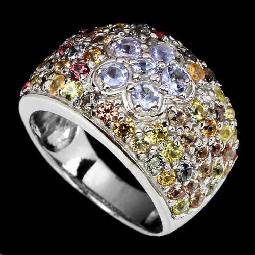 Sparkling natural Tanzanite and sapphire ring, 14 ct white gold over solid sterling silver