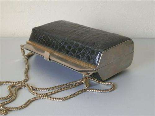 Lovely sturdy vintage `Lorenzi` black genuine crocodile leather handbag on a chain strap