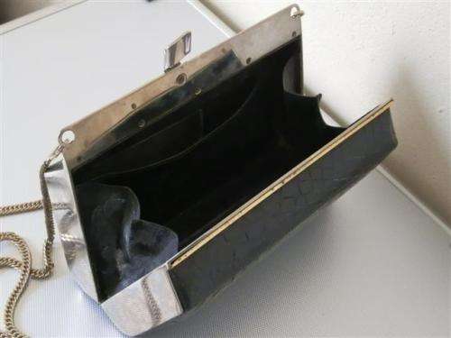 Lovely sturdy vintage `Lorenzi` black genuine crocodile leather handbag on a chain strap