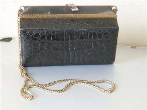 Lovely sturdy vintage `Lorenzi` black genuine crocodile leather handbag on a chain strap