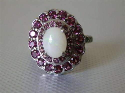 Smashing NATURAL Fire Opal and Garnet cluster ring - SOLID 14 ct white gold over sterling silver